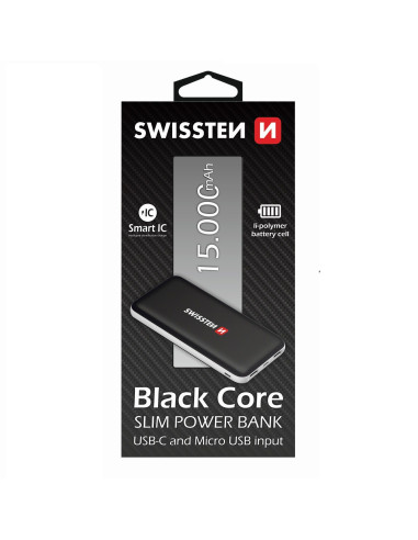 15.000 mAh Slim, SmartIC, 2xUSB (TypeC & MicroUSB) Nero