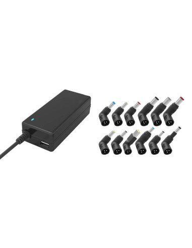 65W Alimentatore Universale per Notebook con 12 connetto 1xUSB-A(5V1A) 100/240V AC 15/20V DC Nero