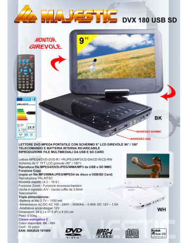 Portable DVD/MPEG4 Player, DVX-180 Convertibile 22,9 cm (9") Nero