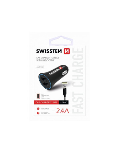 Car Charger, 2,4A con 2x USB + Cavo USB-C