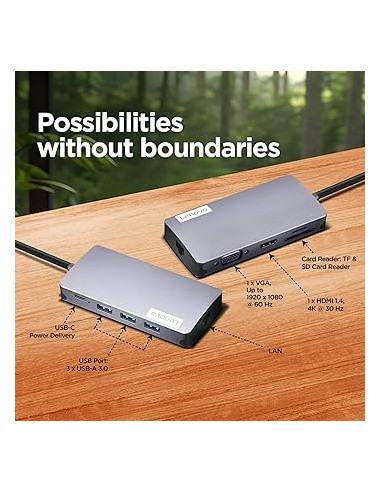 150 USB-C Travel Dock 1x HDMI 1x VGA 3x USB-A 1x TF card reader 1x SD card reader 1x RJ45 LAN 1x USB-C power pass through
