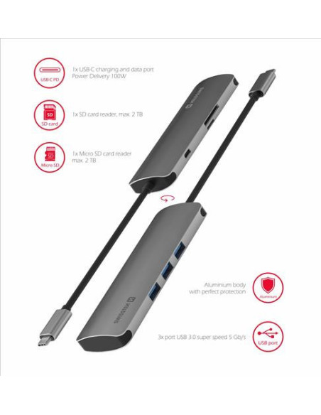 USB-C HUB 6-IN-1 (USB-C PD, 3x USB-A 3.0, SD, MICRO SD) ALUMINIUM