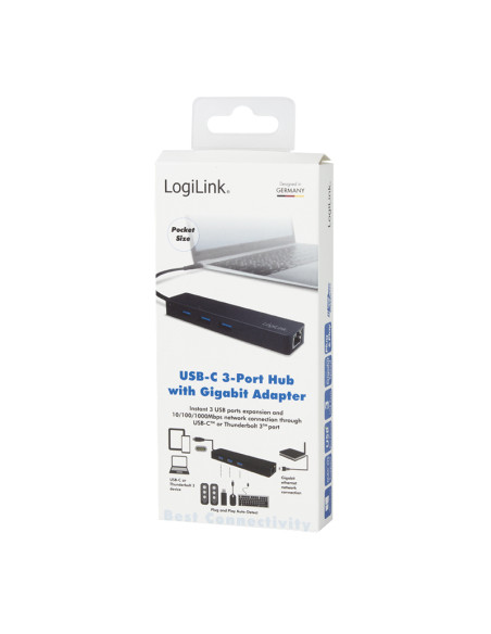 USB-C 3-port hub USB-A 3.0, con Gigabit LAN Nero