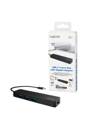USB-C 3-port hub USB-A 3.0, con Gigabit LAN Nero