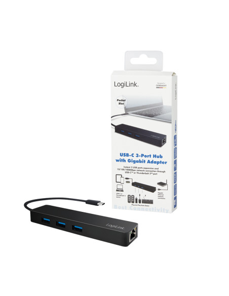 USB-C 3-port hub USB-A 3.0, con Gigabit LAN Nero