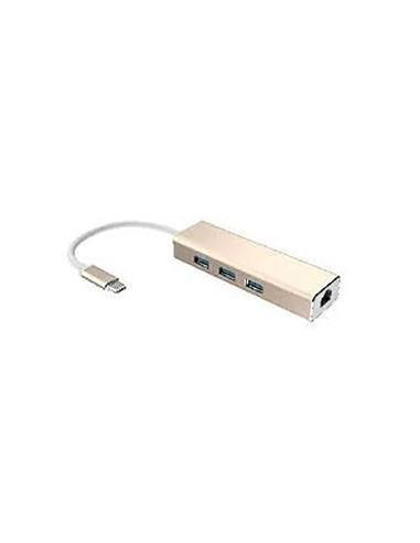 USB (3.1), USB typ C hub 4-port, gold, 3x USB 3.1 type A, 1x RJ45