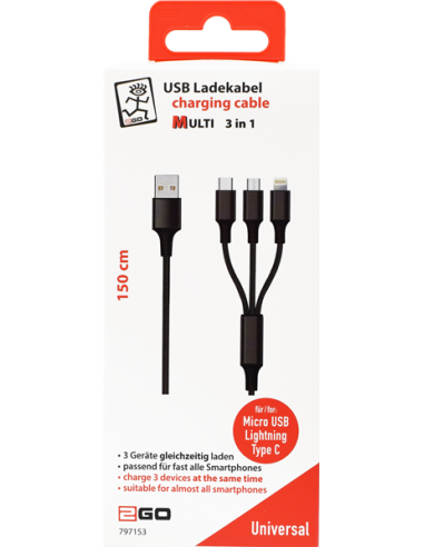 1,50 mt Cavo Multi 3in1 USB/microUSB+Lightning+Type-C Tessuto Nero