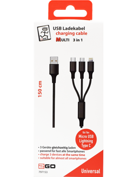 1,50 mt Cavo Multi 3in1 USB/microUSB+Lightning+Type-C Tessuto Nero
