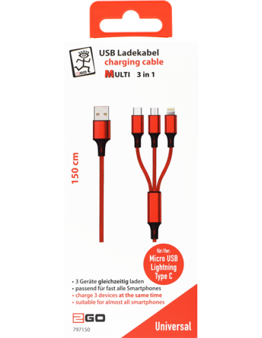 1,50 mt Cavo Multi 3in1 USB/microUSB+Lightning+Type-C Tessuto Rosso