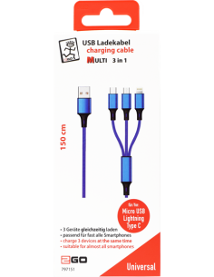1,50 mt Cavo Multi 3in1 USB/microUSB+Lightning+Type-C Tessuto Blue 2