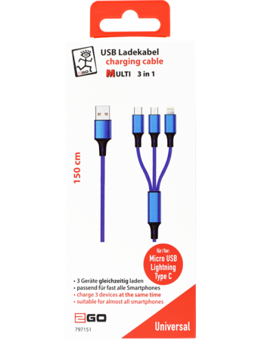 1,50 mt Cavo Multi 3in1 USB/microUSB+Lightning+Type-C Tessuto Blue