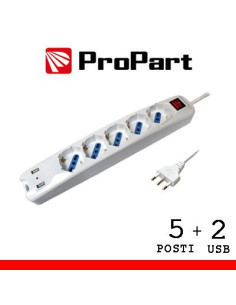 Multipresa 5 bipasso/schuko + 2 Usb con Interruttore, Cavo 1,5 mt, 16A