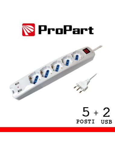 Multipresa 5 bipasso/schuko + 2 Usb con Interruttore, Cavo 1,5 mt, 16A