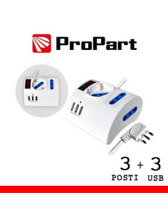 Multipresa 3pos tavolo bipasso/schuko + 3 USB 3.1A, spina 16A + interruttore