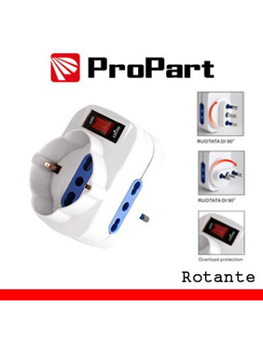 Adattatore 3 bipasso/schuko spina10A rotante + interruttore