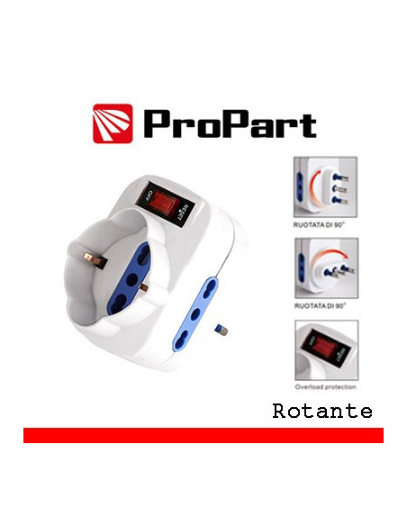 Adattatore 3 bipasso/schuko spina10A rotante + interruttore