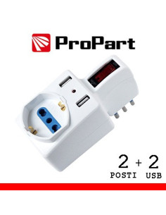 Adattatore 2 bipasso/schuko + 2 USB 2,1A,  spina10A salvasp. + interruttore