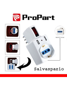 Adattatore 2 bipasso/schuko + 2 USB 2,1A,  spina10A salvasp. + interruttore 2