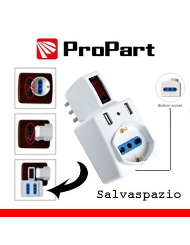 Adattatore 2 bipasso/schuko + 2 USB 2,1A,  spina10A salvasp. + interruttore